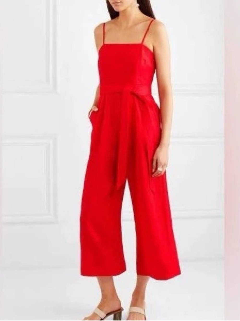 J. Crew Coral Red Linen Cropped Wide-Leg Jumpsuit